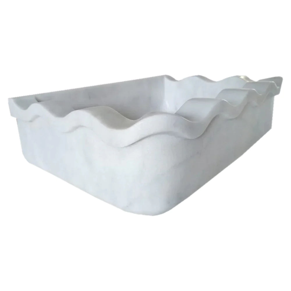 Carrara White Marble Rectangular Wall-mount Wavy Edges Bathroom Sink (W)16" (L)24" (H)6"