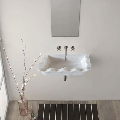 Carrara White Marble Rectangular Wall-mount Wavy Edges Bathroom Sink (W)16" (L)24" (H)6" installed minimal bathroom