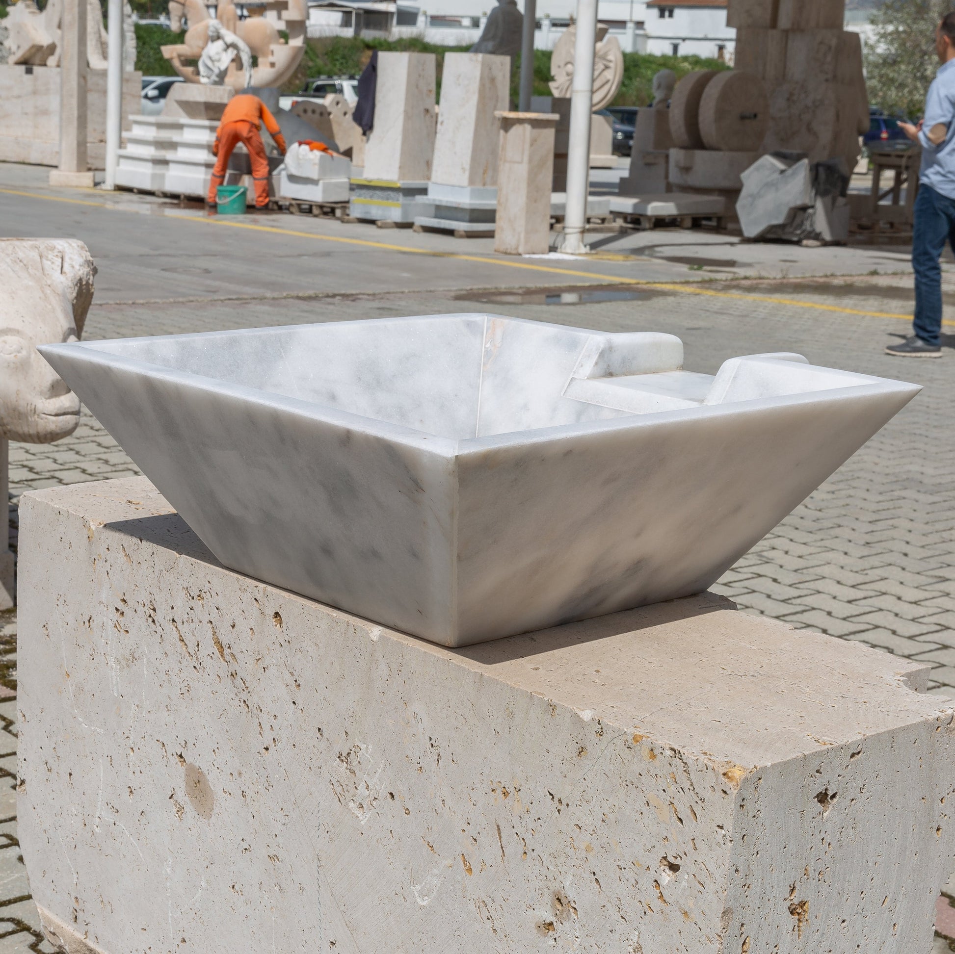 Carrara white marble Natural Stone Pool Cascade Water Bowl profile back view