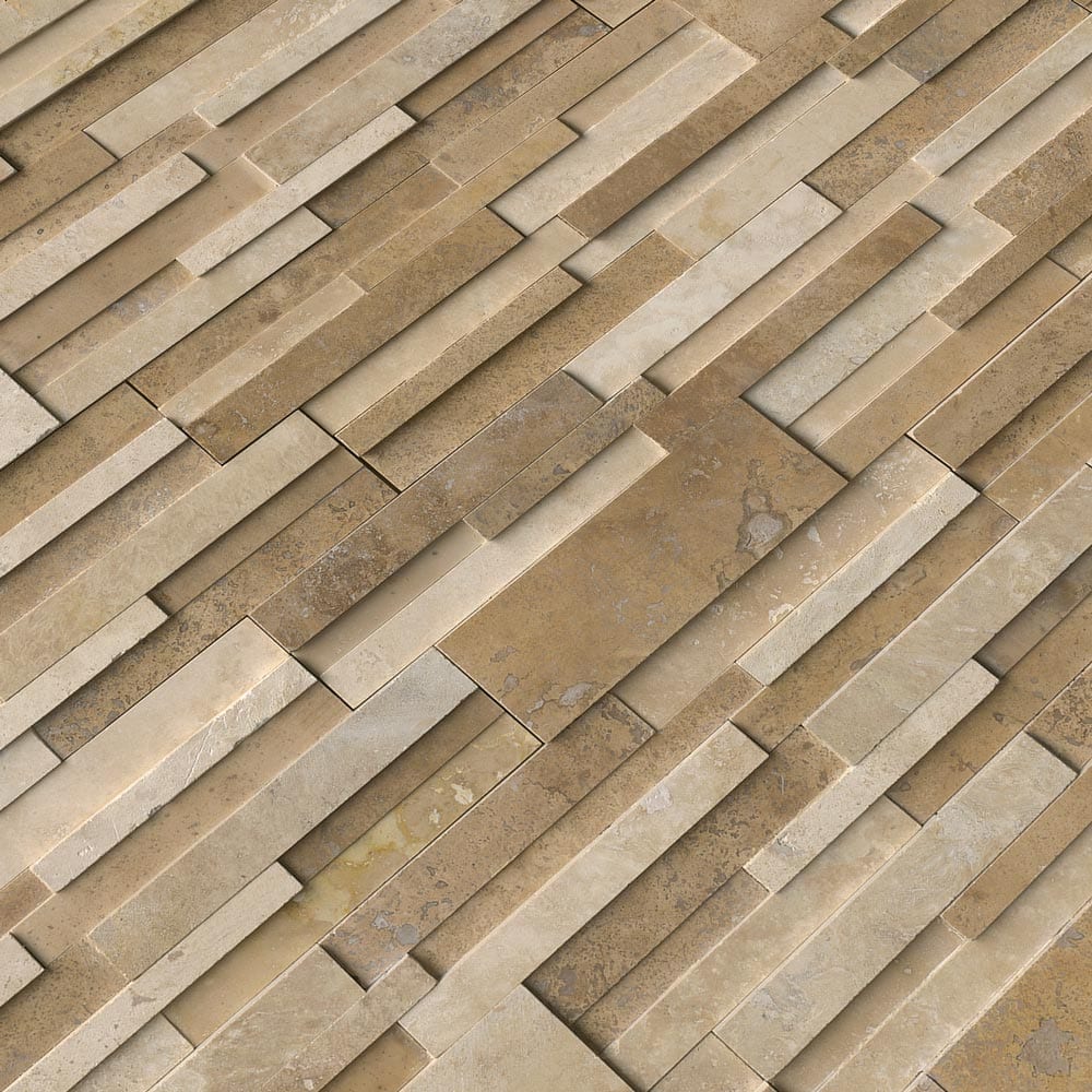 Casa blend 3D ledger panel 6X24 honed natural travertine wall tile LPNLTCASBLE624 3DH product shot multiple tiles angle view