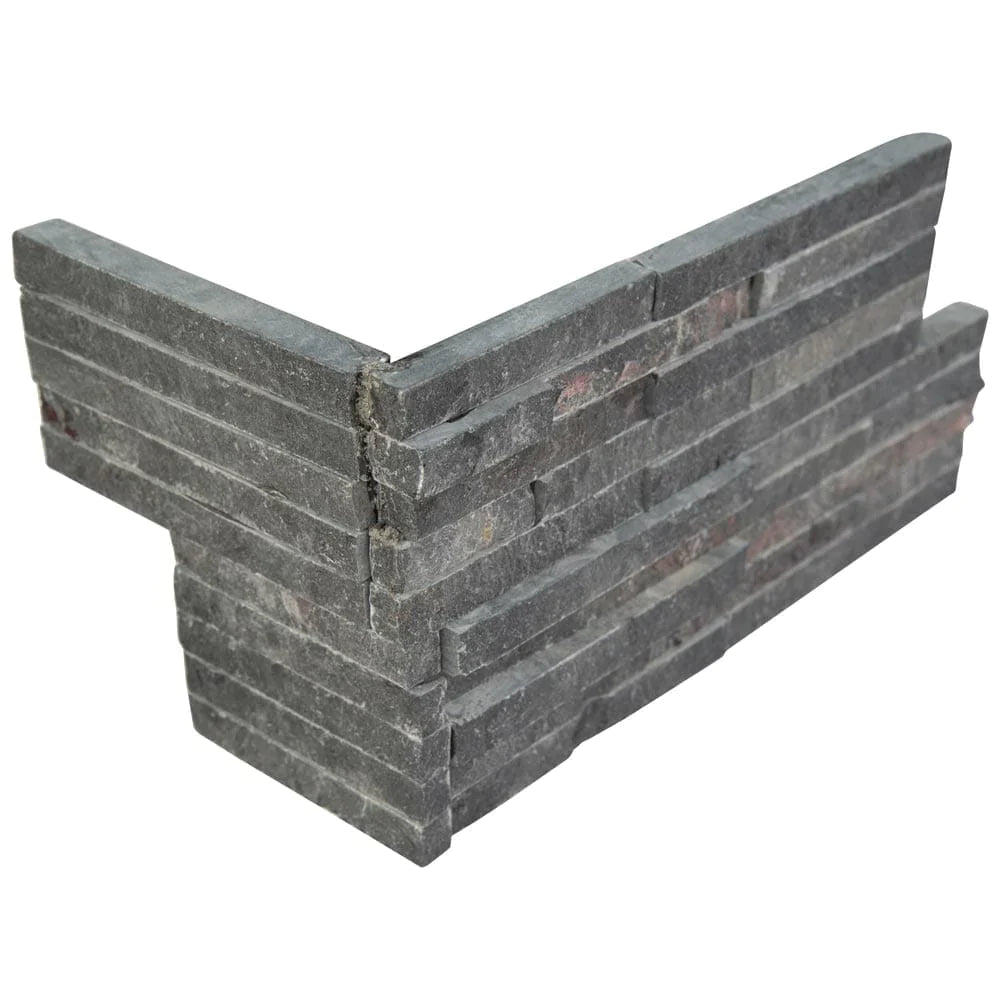 Charcoal pencil splitface ledger corner 6X18 slate wall tile LPNLSCHA618COR PEN product shot multiple tiles close up view