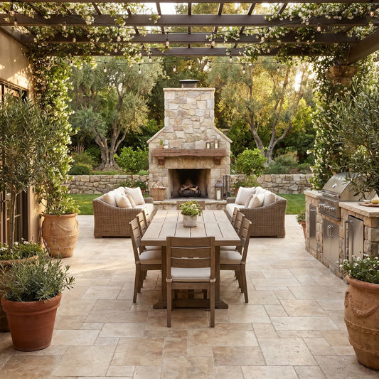Outdoor patio with stone fireplace, dining table, and chairs surrounded by potted plants. Country Classic Travertine Tumbled Pavers