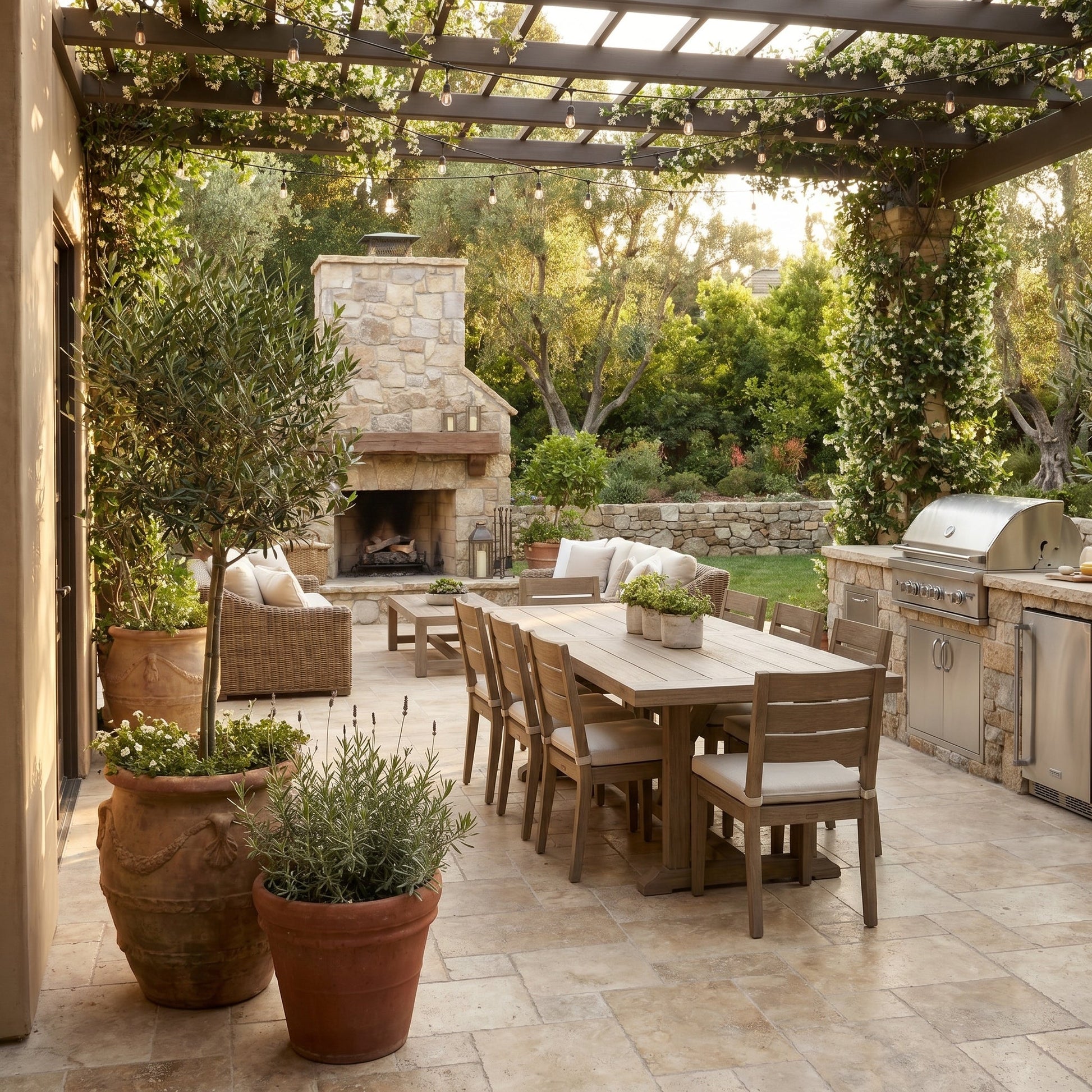 Outdoor patio with dining table, chairs, fireplace, and grill area. Country Classic Travertine Tumbled Pavers