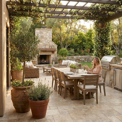 Outdoor patio with dining table, chairs, and a fireplace under a pergola. Country Classic Travertine Tumbled Pavers