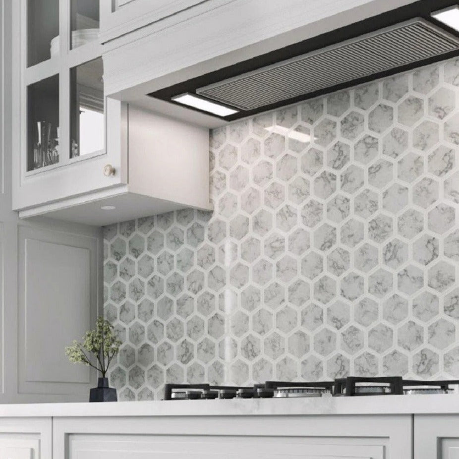 White Gray 10x12 Polished Hexagon Marble Mosaic Tile (5 pack, 4.34 sq ft/case) - Sample