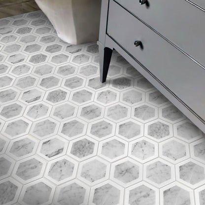 White Gray 10x12 Polished Hexagon Bianco Carrara Thassos Marble Mosaic Tile (5 pack, 4.34 sq ft/case)
