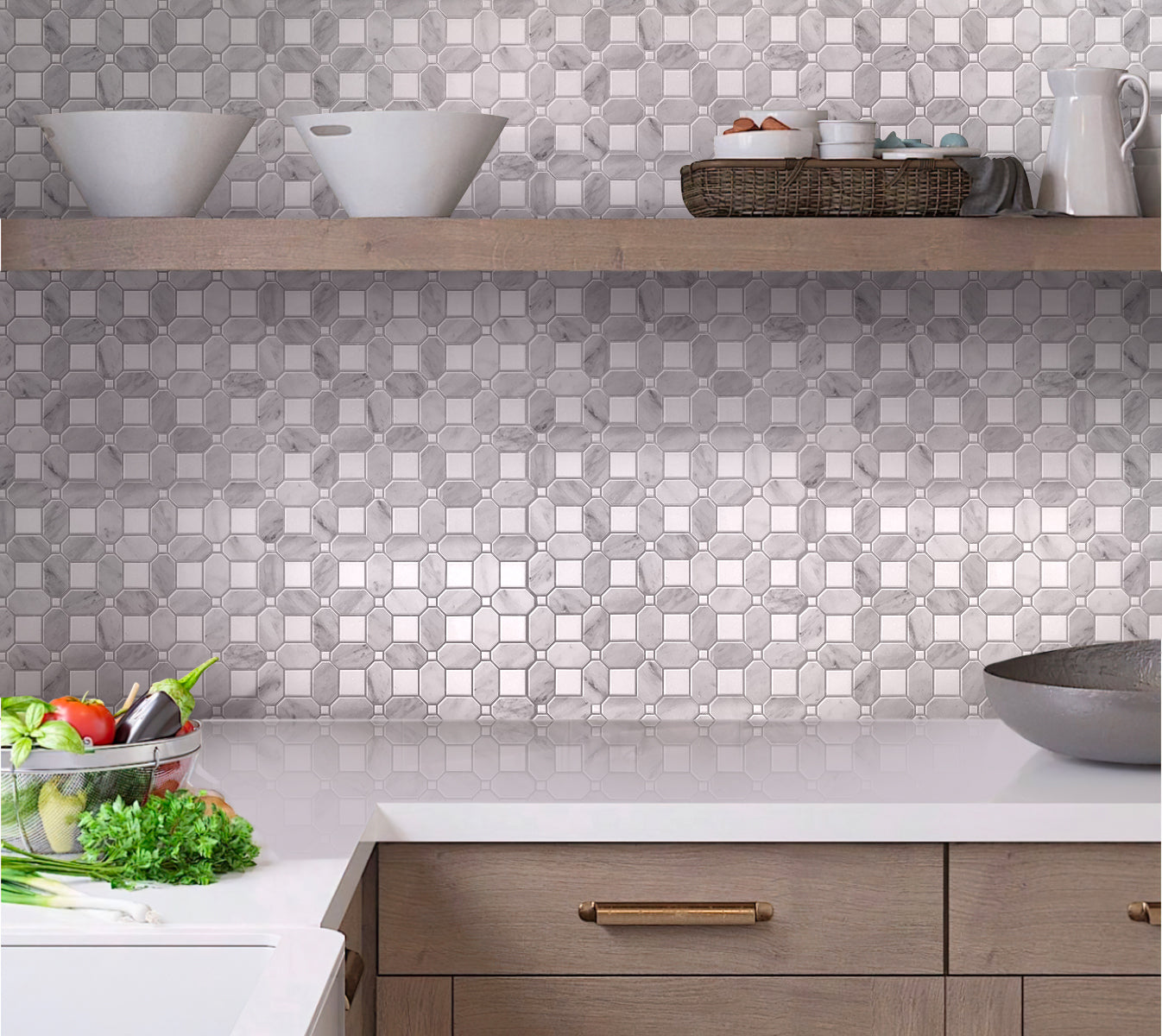 White Gray 12x12 Polished Multi-shaped Thassos Bianco Carrara Marble Mosaic Tile (5 pack, 5.17 sq ft/case)