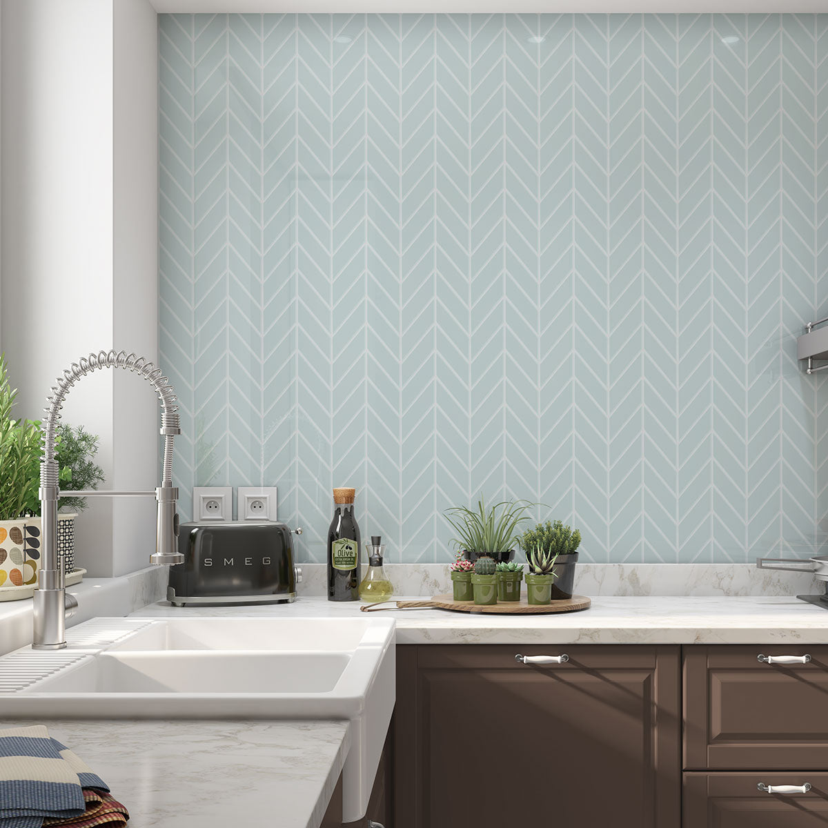 Seafoam Glossy Chevron Ceramic Tile