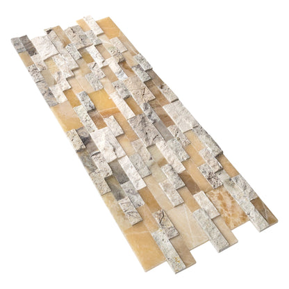 DaVinci Onyx Travertine Ledger 3D Panel 6"x24" Honed and Split-face mixed Natural Wall Tile