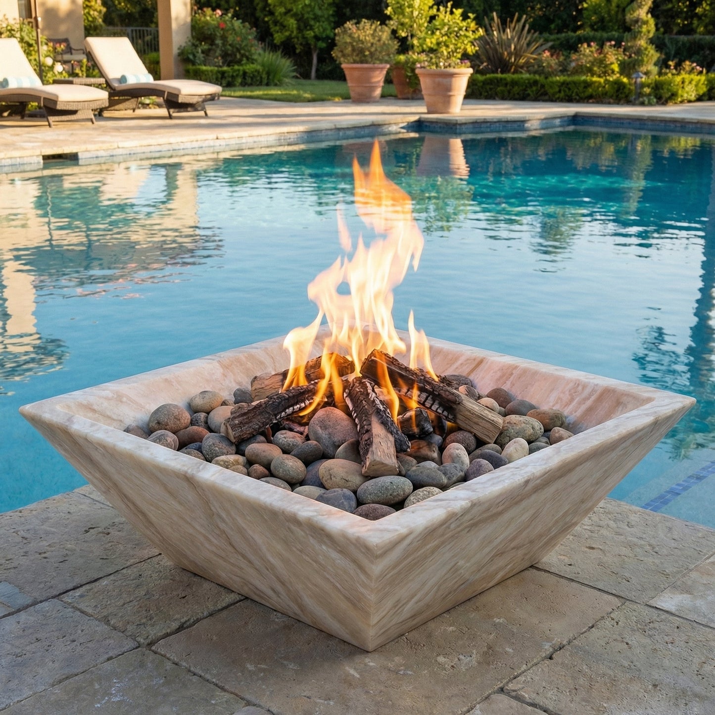 Fire pit with flames in a stone bowl by a poolside Diana Royal Marble Firepit 24" x 24" x 8"