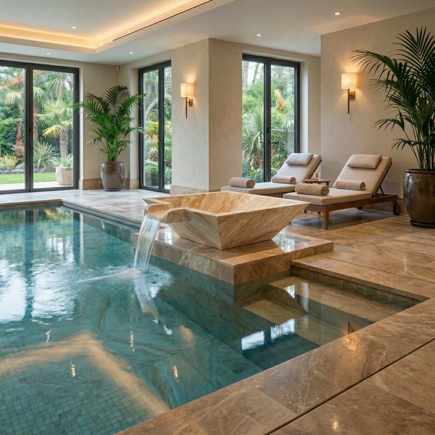 Indoor pool area with lounge chairs and a water feature Diana Royal Marble Natural Stone Pool Square Poolwok with Lip