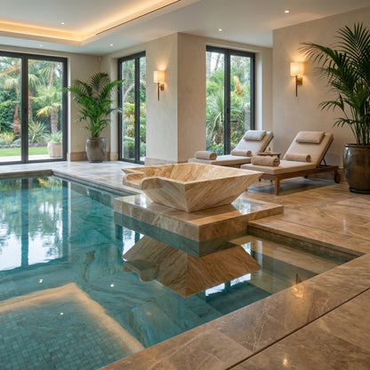 Modern indoor pool area with lounge chairs and decorative elements. Diana Royal Marble Natural Stone Pool Square Poolwok with Lip