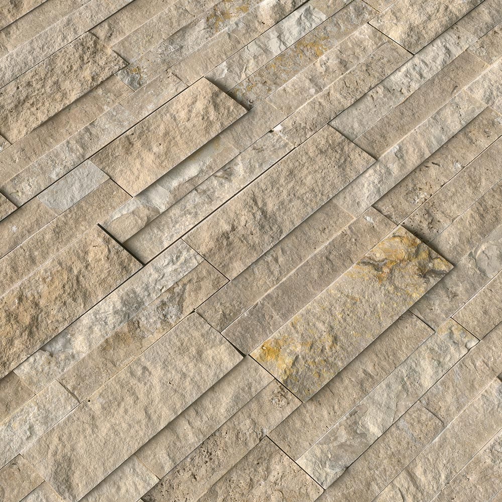 Durango cream splitface ledger panel 6X24 natural travertine wall tile LPNLTDURCRE624 product shot multiple tiles angle view