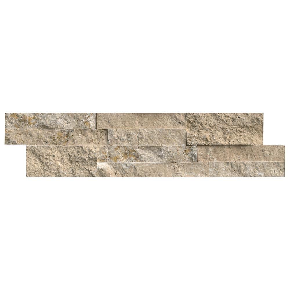 Durango cream splitface ledger panel 6X24 natural travertine wall tile LPNLTDURCRE624 product shot multiple tiles close up view