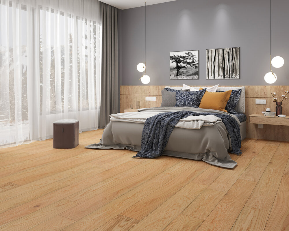 Elysian Wirebrushed Engineered Hardwood 7.5x0.5 inch Avant Natural TRPEH-EEOAN bedroom bed lighting window product shot