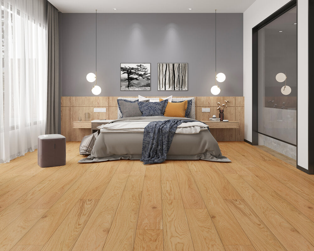 Elysian Wirebrushed Engineered Hardwood 7.5x0.5 inch Avant Natural TRPEH-EEOAN bedroom bed lighting window product shot