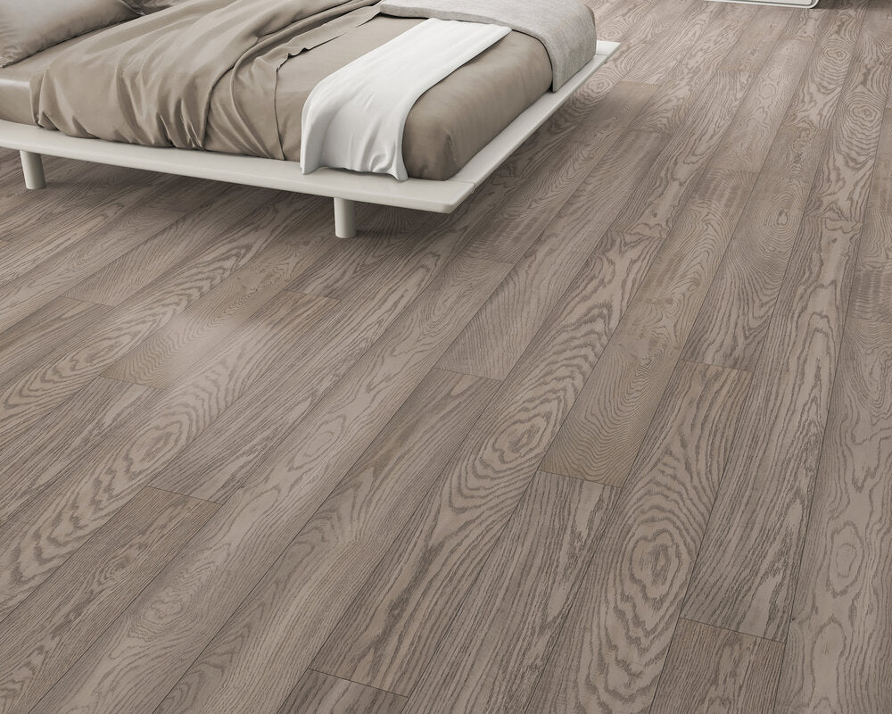 Elysian Wirebrushed Engineered Hardwood 7.5x0.5 inch Ethereal Gray TRPEH-EEOEG bed product shot