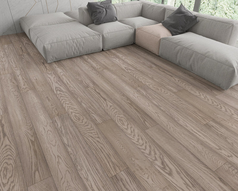 Elysian Wirebrushed Engineered Hardwood 7.5x0.5 inch Ethereal Gray TRPEH-EEOEG sofa product shot