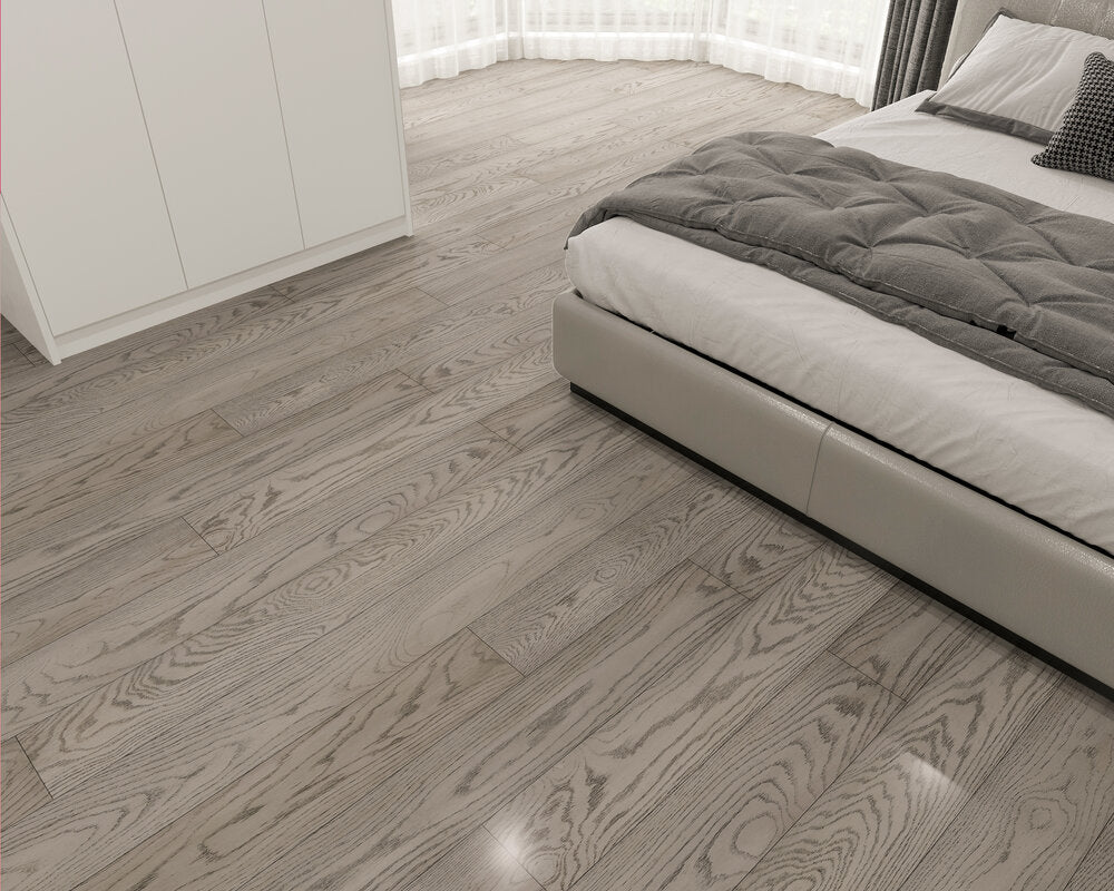 Elysian Wirebrushed Engineered Hardwood 7.5x0.5 inch Mod Titanium TRPEH-EEOMT bed product shot