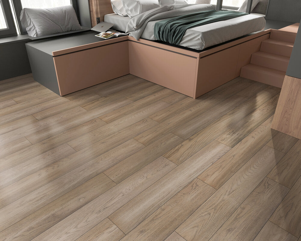 Elysian Wirebrushed Engineered Hardwood 7.5x0.5 inch Mojave Fog TRPEH-EEOMF bedroom bed product shot