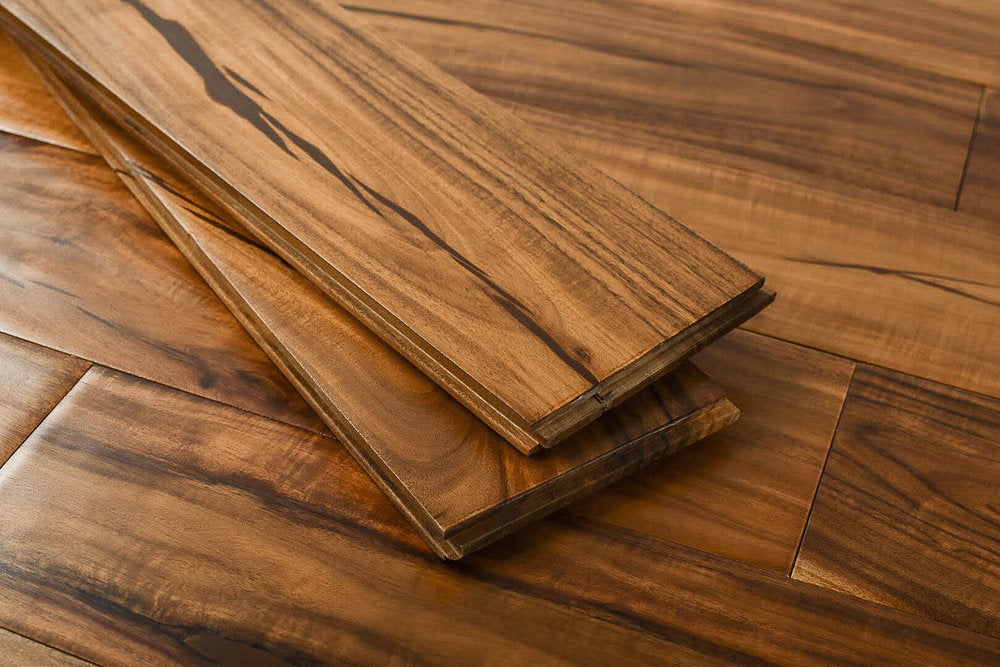 "Explore the allure of Exotic Walnut Natural Solid Hardwood Flooring in the Golden style. Luxurious handscraped finish, 4.75" width, and 0.75" thickness. SKU: TRPSH-EWG."