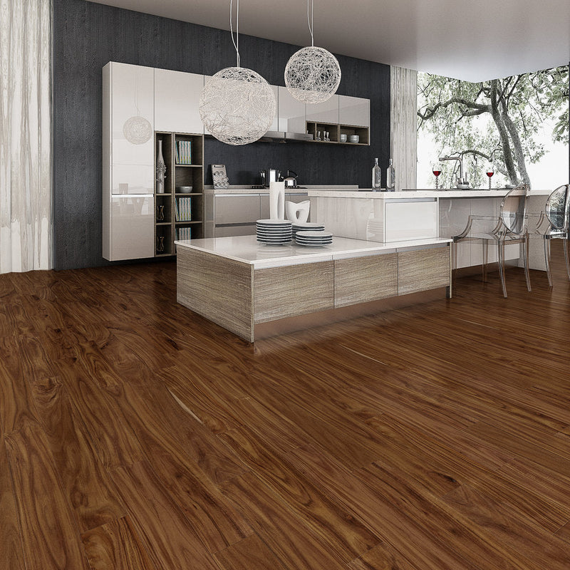 "Capture the essence of natural beauty with Exotic Walnut Natural Solid Hardwood Flooring, available in 3.6" and 4.75" widths and 0.75" thickness. Choose between Smooth or Handscraped finishes. SKU: TRPSH-EWNH, TRPSH-EWNS4.75, TRPSH-EWNS3.6."