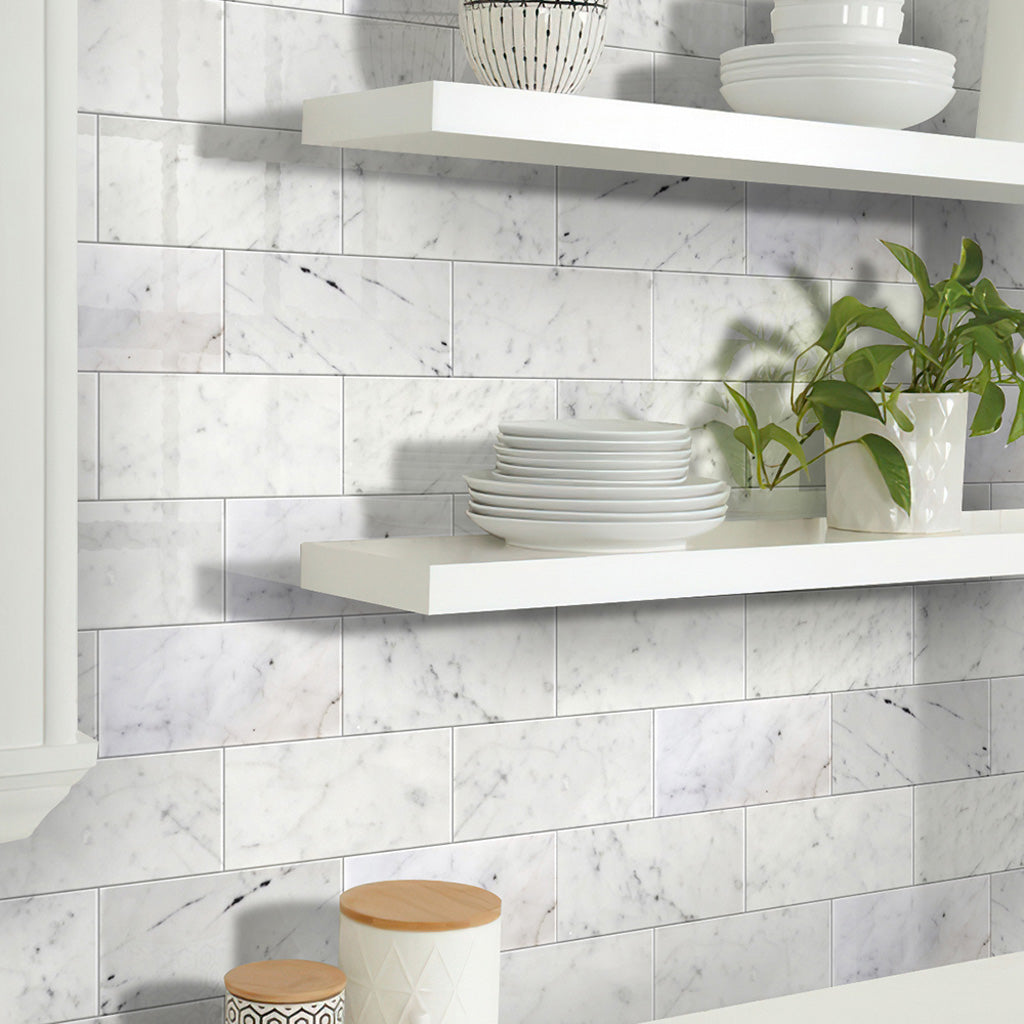 White 3x6 Polished Subway Bianco Carrara Marble Tile (40 pack, 5 sq ft/case)