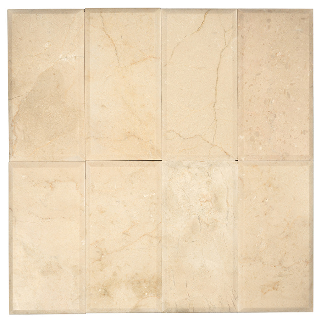 Beige 3x6 Polished Beveled Subway Crema Marfil Marble Tile (40 pack, 5 sq ft/case)