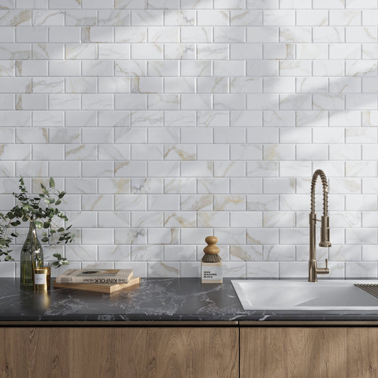 White 3x6 Marble Polished Beveled Subway Tile (40 pack, 5 sq ft/case) - Sample