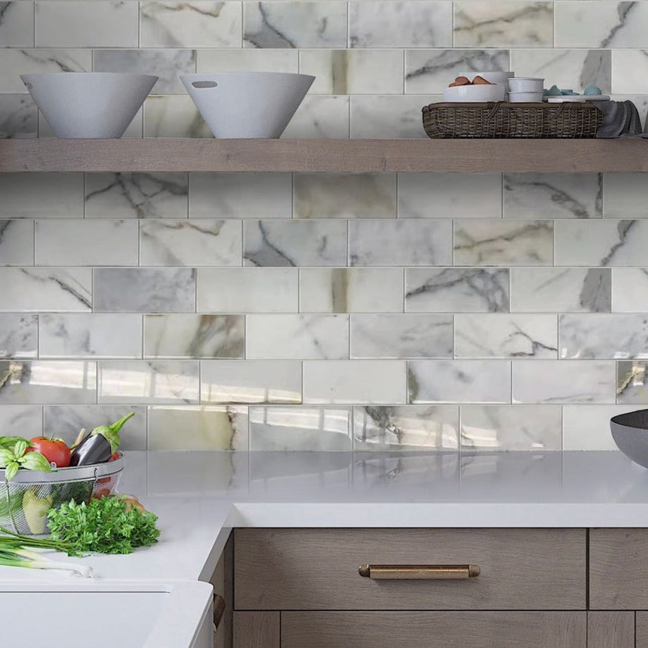 White 3x6 Polished Subway Calacatta Gold Marble Tile (40 pack, 5 sq ft/case)
