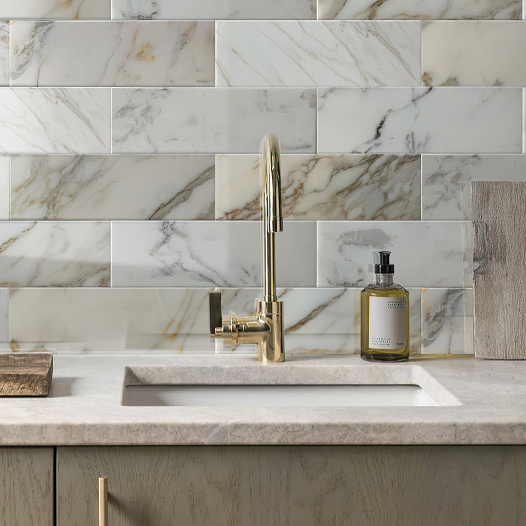 White 4x12 Polished Subway Calacatta Gold Marble Tile (15 pack, 5 sq ft/case)