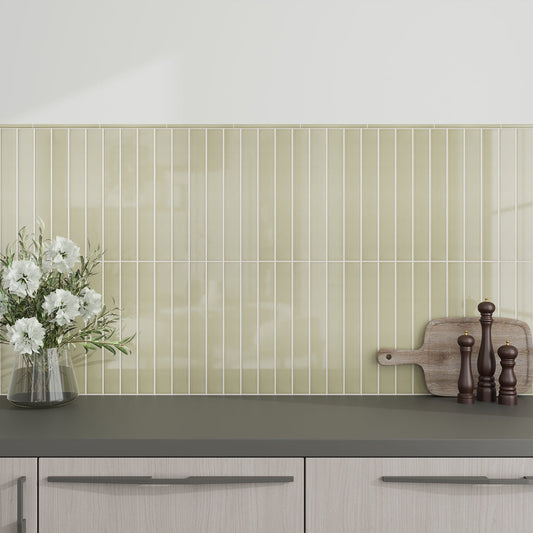 Soft Olive 0.5x8 Glossy Ceramic Pencil Tile Trim (10 pack, 0.27 sq ft/case)