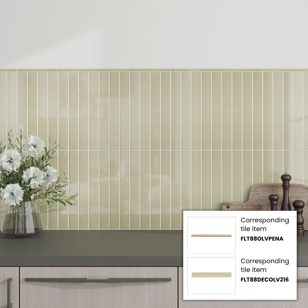 Soft Olive 2x16 Glossy Ceramic Deco Subway Tile (50 pack,10.76 sq ft/case)