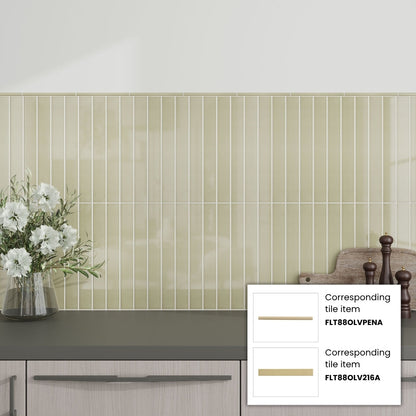 Soft Olive 0.5x8 Glossy Ceramic Pencil Tile Trim (10 pack, 0.27 sq ft/case)