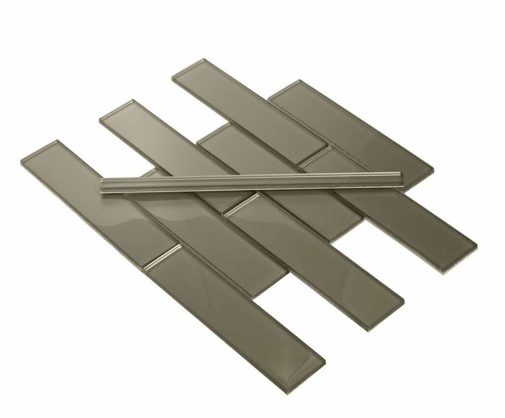 Ash Gray 0.5x12 Glossy Glass Pencil Tile Trim (10 pack, 0.5 sq ft/case) - Sample
