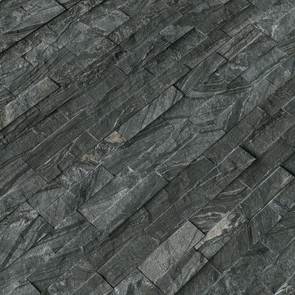 Glacial black splitface ledger panel 6X24 natural marble wall tile LPNLMGLABLK624 product shot multiple tiles angle view