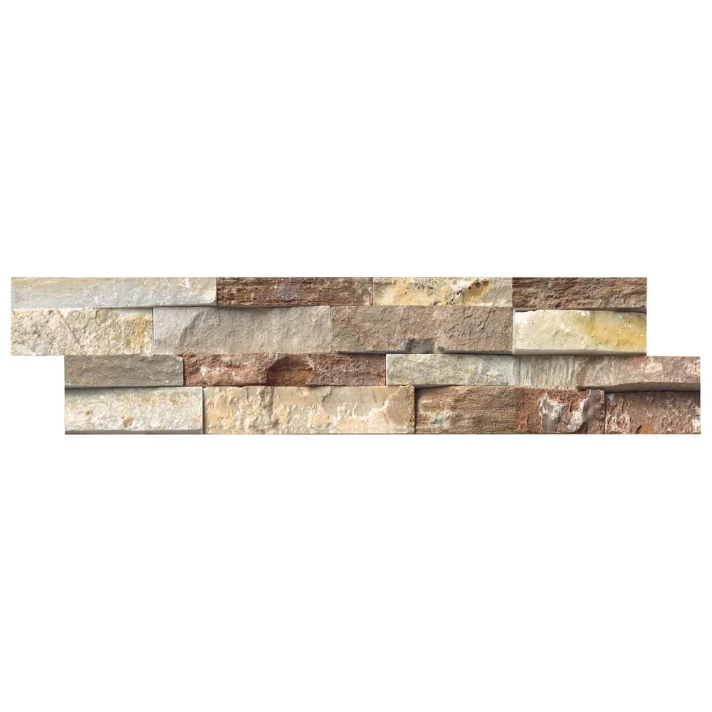 Golden white splitface ledger panel 6X24 natural quartzite wall tile LPNLQGLDWHI624 product shot multiple tiles close up view