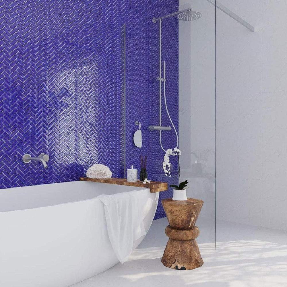 Cobalt Blue 11x13 Glossy Herringbone Glass Mosaic Tile (5 pack, 4.8125 sq ft/case)