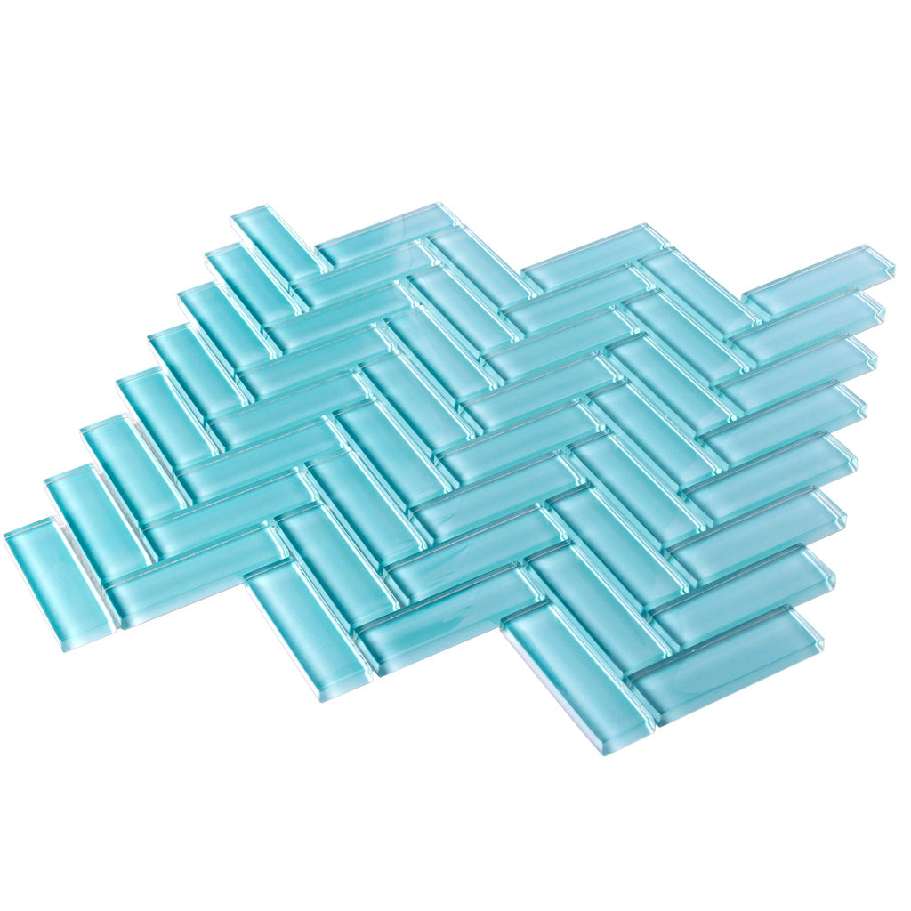 Sky Blue 11x13 Glossy Herringbone Glass Mosaic Tile (5 pack, 4.8125 sq ft/case)