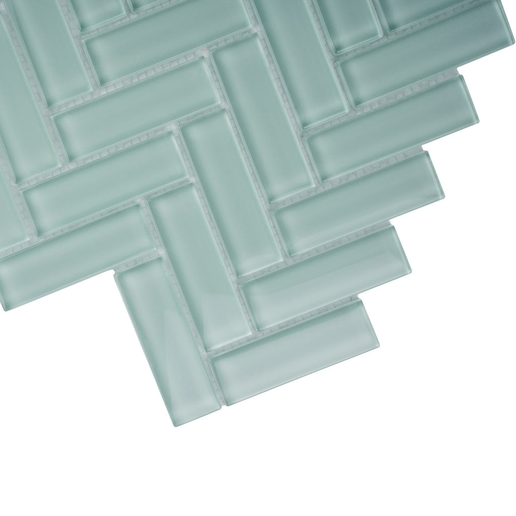 Blizzard Blue 11x13 Glossy Herringbone Glass Mosaic Tile (5 pack, 4.8125 sq ft/case) - Sample