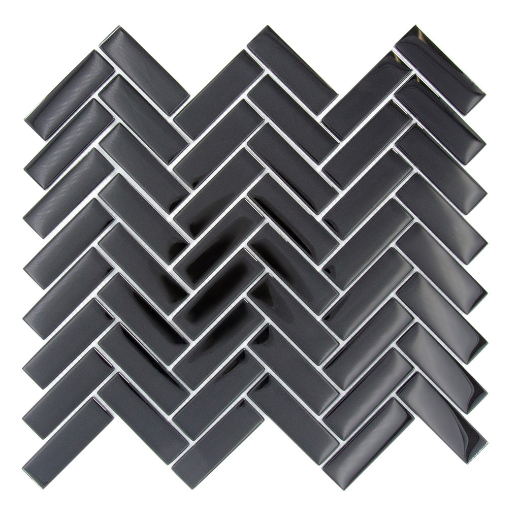 Black 11x13 Glossy Herringbone Glass Mosaic Tile (5 pack, 4.8125 sq ft/case) - Sample