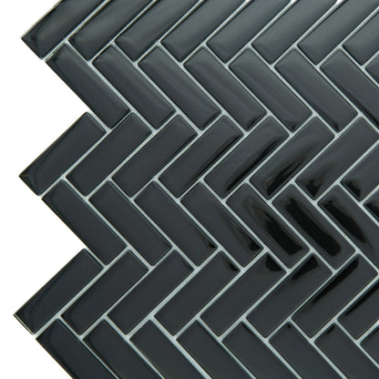 Black 11x13 Glossy Herringbone Glass Mosaic Tile (5 pack, 4.8125 sq ft/case)