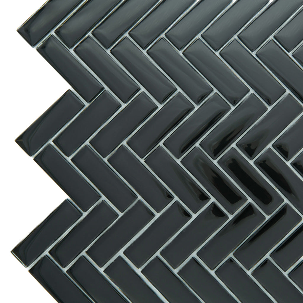 Black 11x13 Glossy Herringbone Glass Mosaic Tile (5 pack, 4.8125 sq ft/case) - Sample