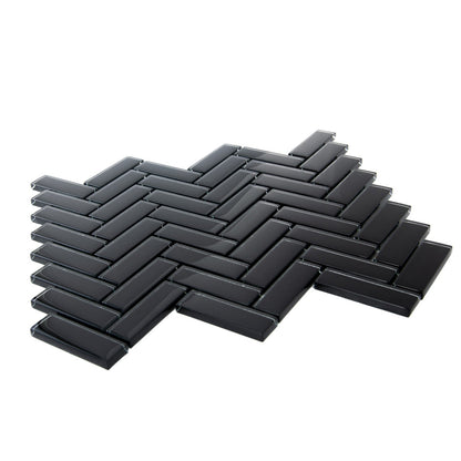 Black 11x13 Glossy Herringbone Glass Mosaic Tile (5 pack, 4.8125 sq ft/case) - Sample