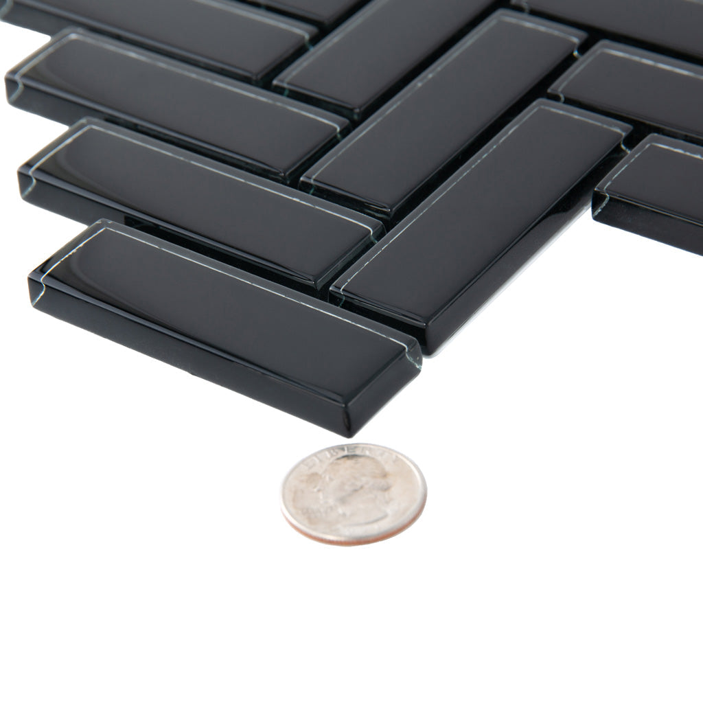 Black 11x13 Glossy Herringbone Glass Mosaic Tile (5 pack, 4.8125 sq ft/case)