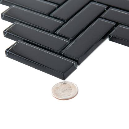 Black 11x13 Glossy Herringbone Glass Mosaic Tile (5 pack, 4.8125 sq ft/case)
