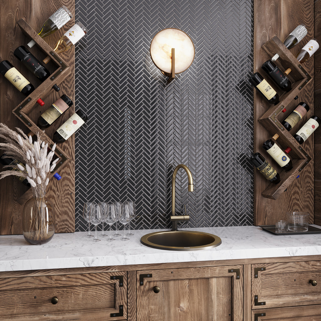 Black 11x13 Glossy Herringbone Glass Mosaic Tile (5 pack, 4.8125 sq ft/case) - Sample
