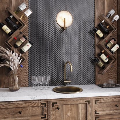 Black 11x13 Glossy Herringbone Glass Mosaic Tile (5 pack, 4.8125 sq ft/case) - Sample