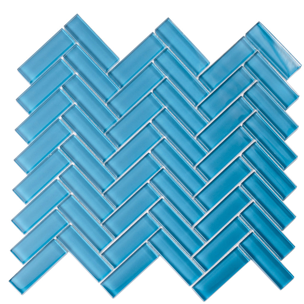 Cerulean Blue 11x13 Glossy Herringbone Glass Mosaic Tile (5 pack, 4.8125 sq ft/case) - Sample