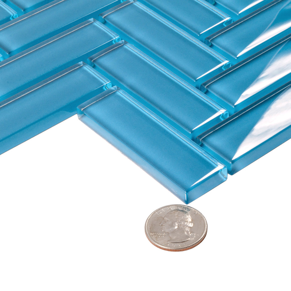 Cerulean Blue 11x13 Glossy Herringbone Glass Mosaic Tile (5 pack, 4.8125 sq ft/case) - Sample